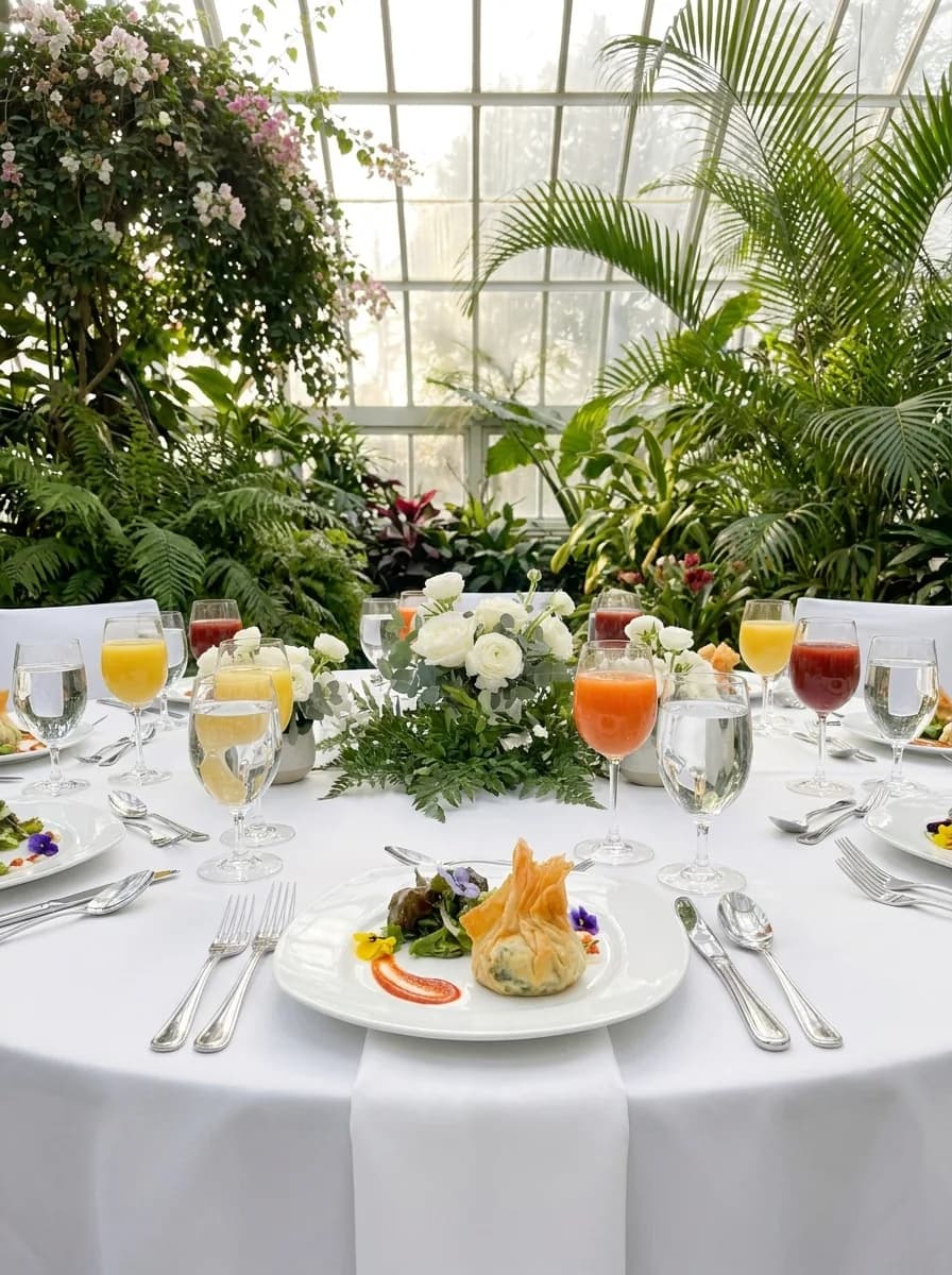 Table ronde dressée dans un jardin d'hiver : aumônière de brick, jus de fruits et fleurs blanches