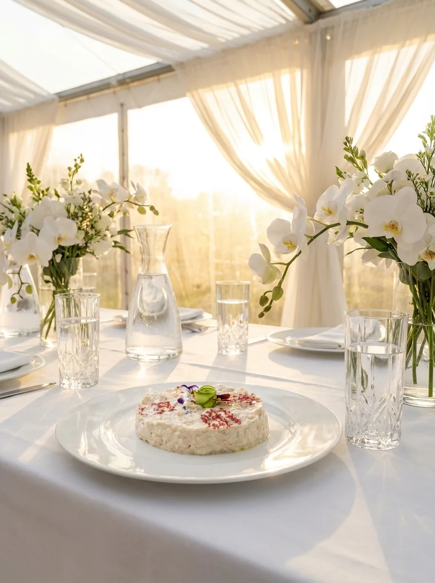Entrée servie sous un chapiteau baigné de soleil, orchidées blanches et verres en cristal