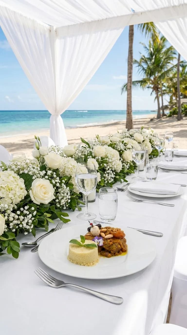Agneau aux pruneaux servi sur une table dressée face à la mer, fleurs blanches et voilages