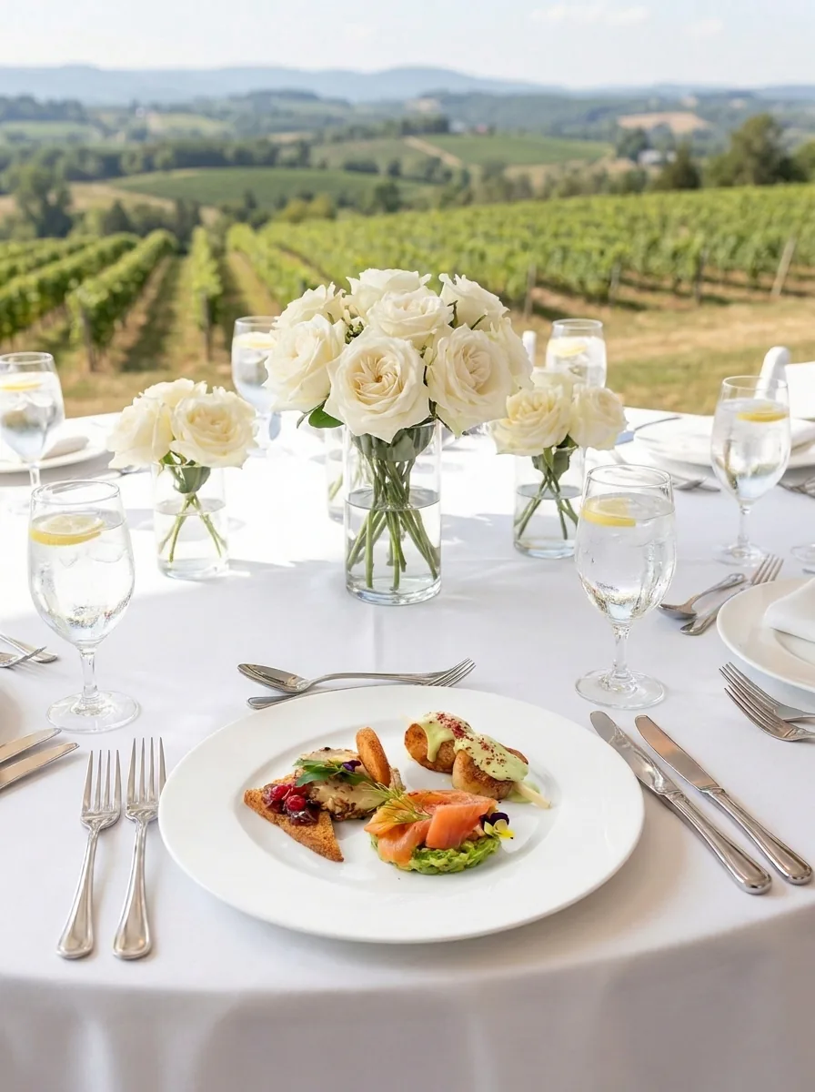 Table ronde dressée face aux vignes, bouquets de roses blanches et entrée au saumon