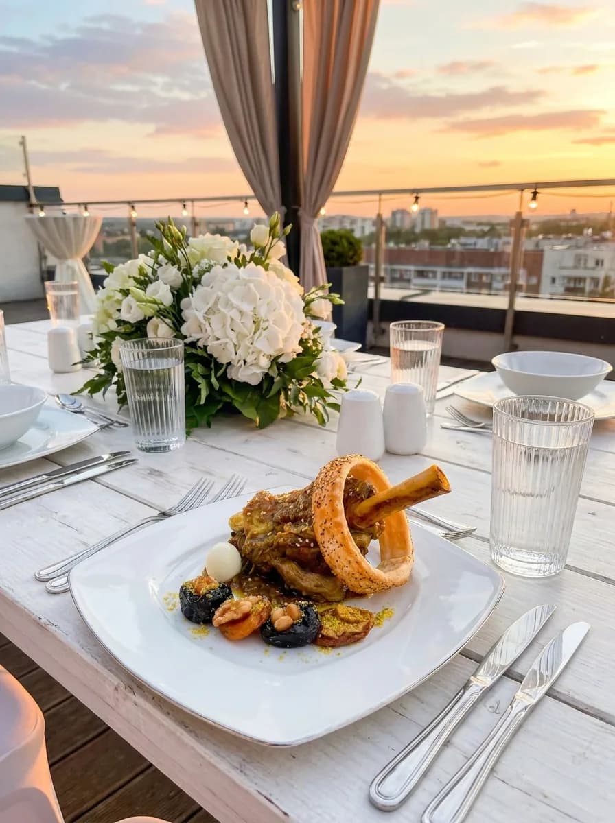 Souris d'agneau servie sur une table en terrasse au coucher du soleil, bouquet d'hortensias