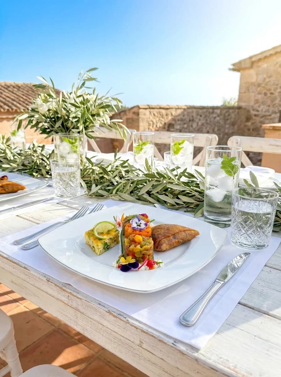 Assiette d'entrées orientales sur une table en bois blanc décorée de branches d'olivier