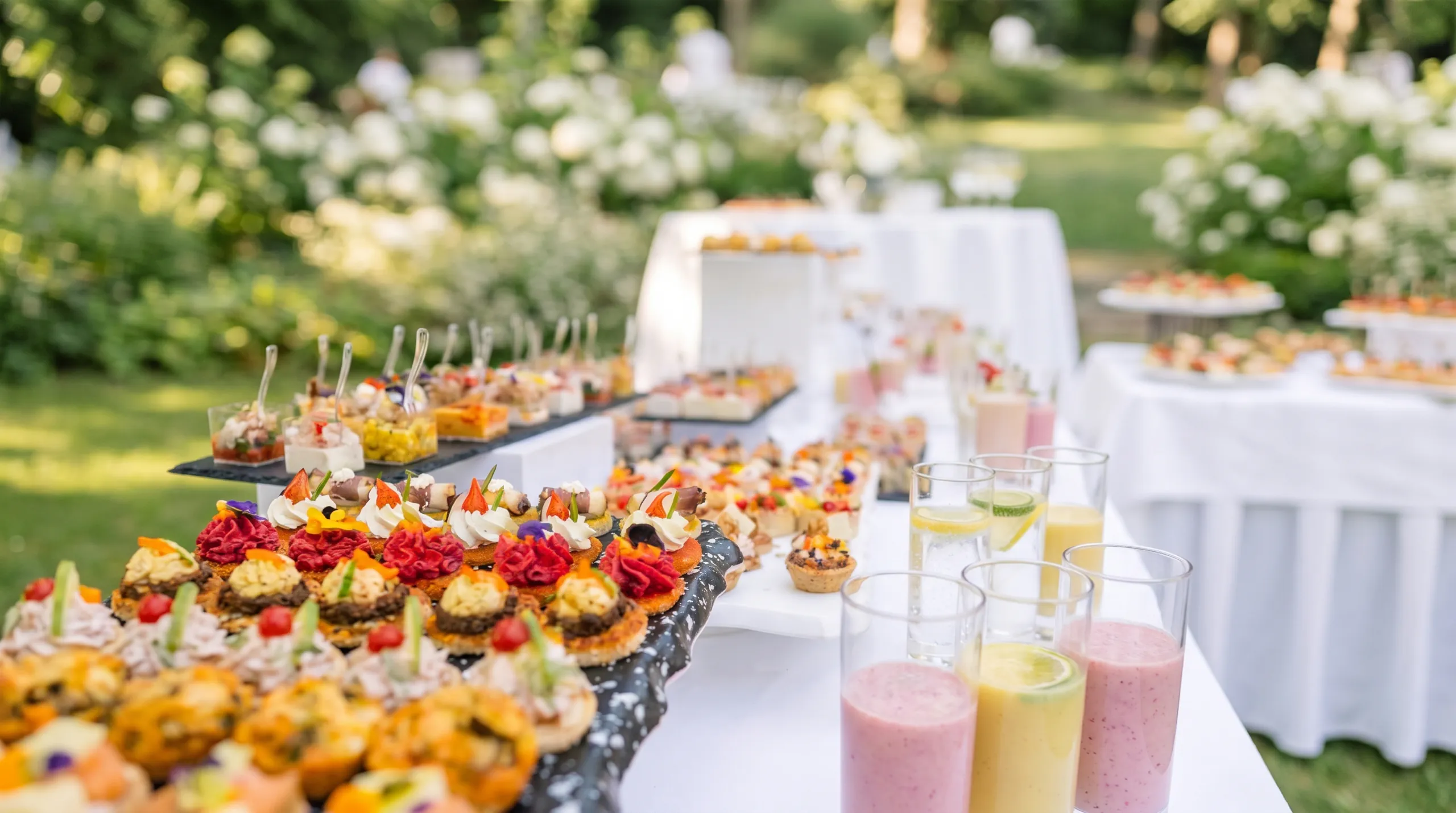 Buffet de cocktail dans un jardin fleuri, canapés colorés sur ardoise, verrines et smoothies