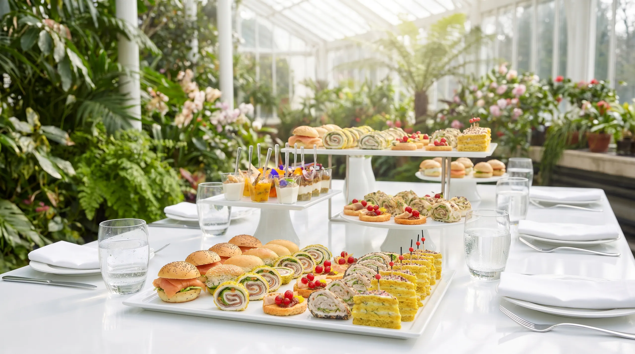 Buffet de cocktail sous une verrière, mini-burgers, sandwichs roulés et verrines sur nappe blanche
