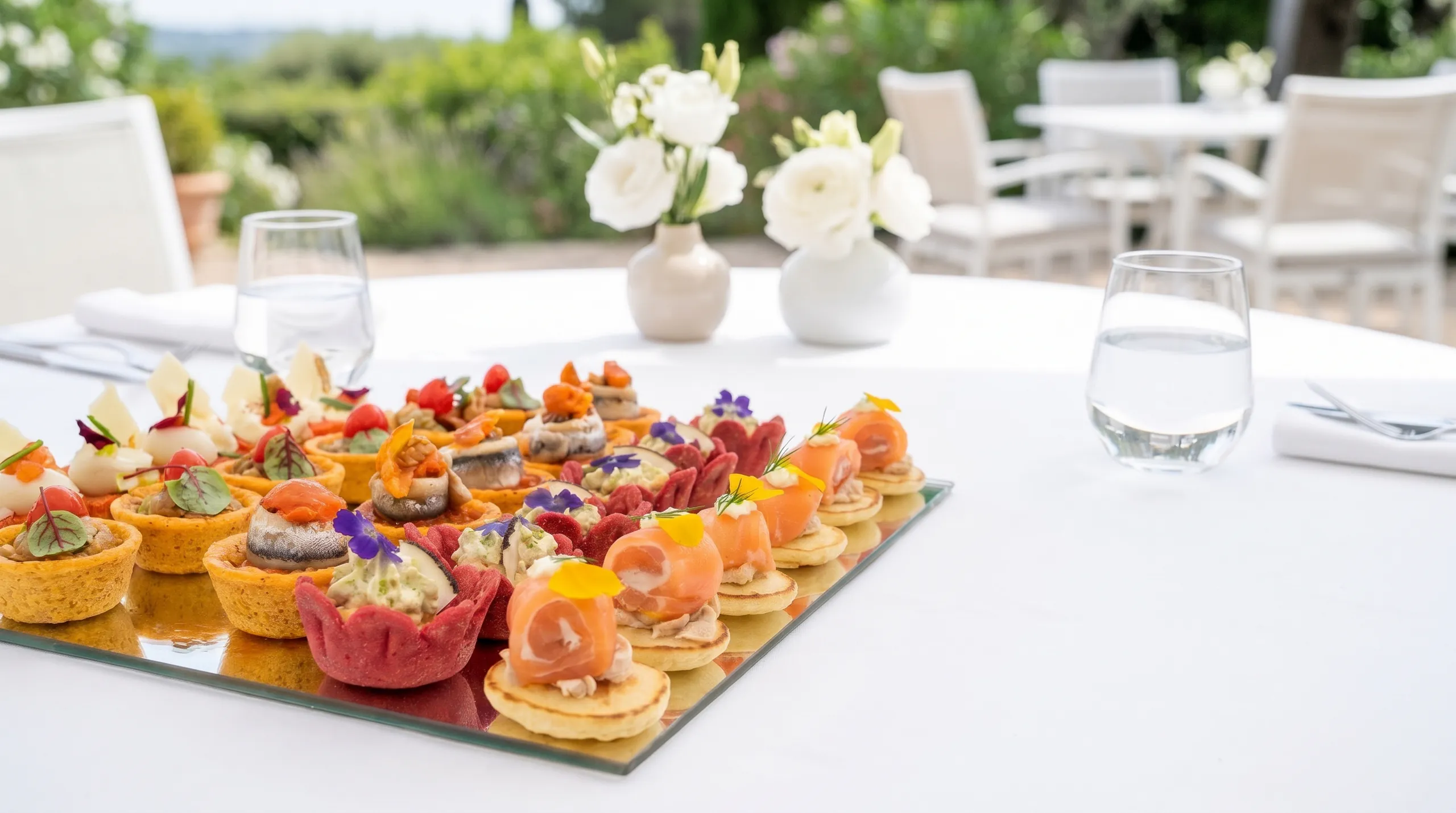 Plateau miroir de tartelettes et canapés au saumon fumé sur une table de terrasse
