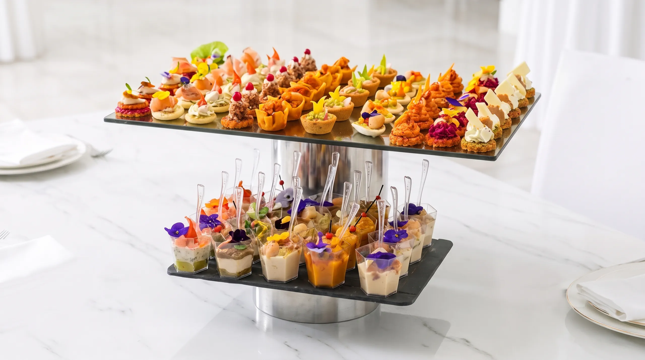 Présentoir à deux étages de canapés et de verrines fleuries sur une table en marbre blanc