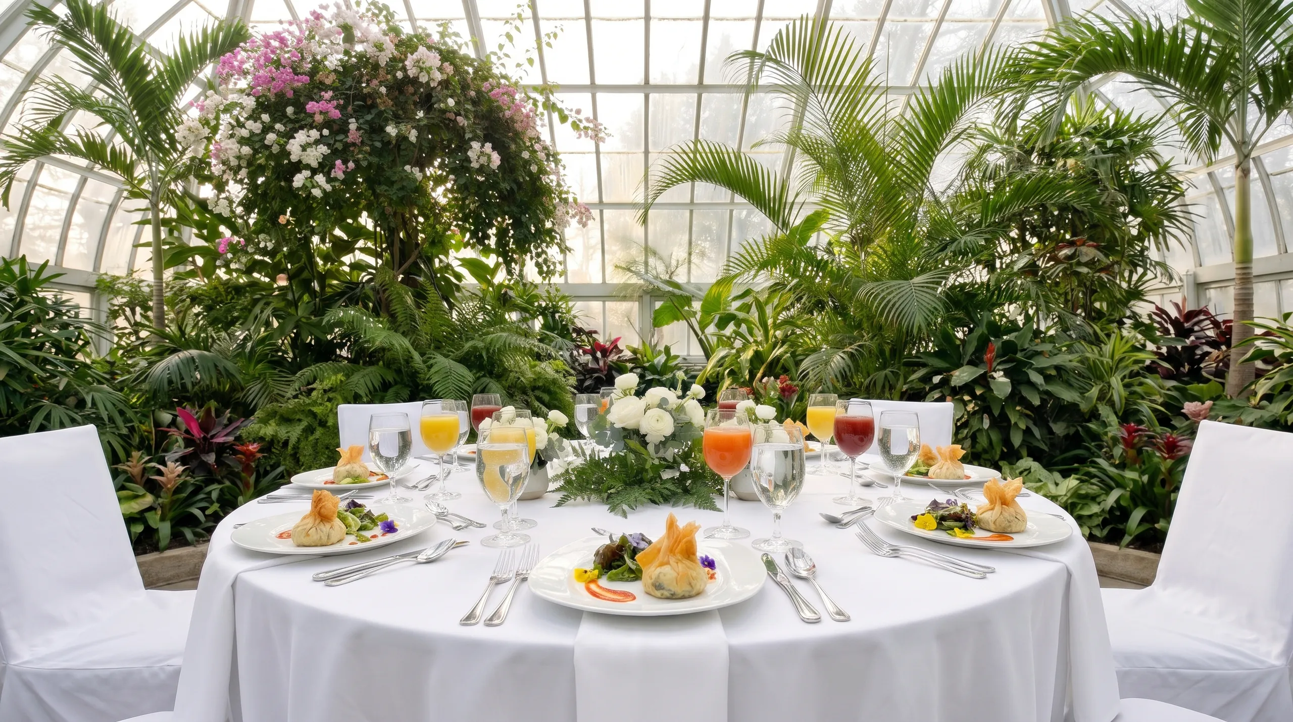 Table ronde dressée dans un jardin d'hiver, entrées servies à l'assiette, jus de fruits et bouquet blanc